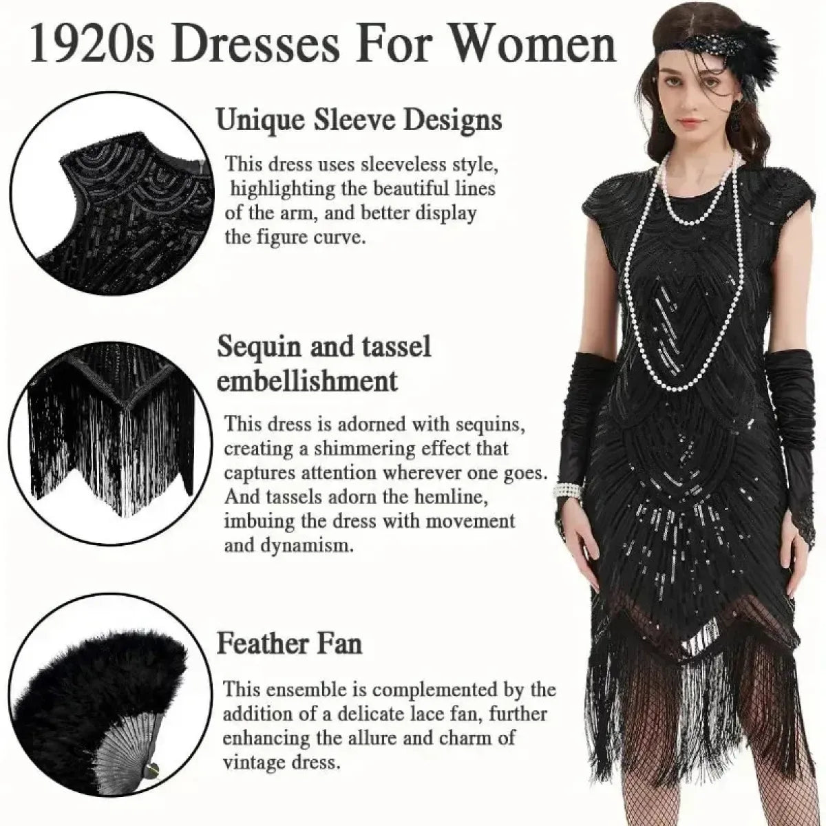 1920s Flapper Sequin Fringe Dress Set - All Dresses - Cosplay - 2