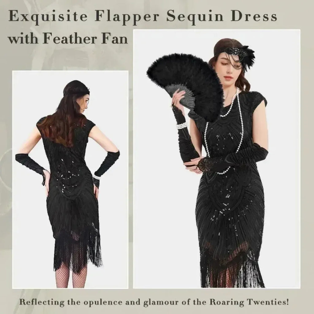 1920s Flapper Sequin Fringe Dress Set - All Dresses - Cosplay - 3