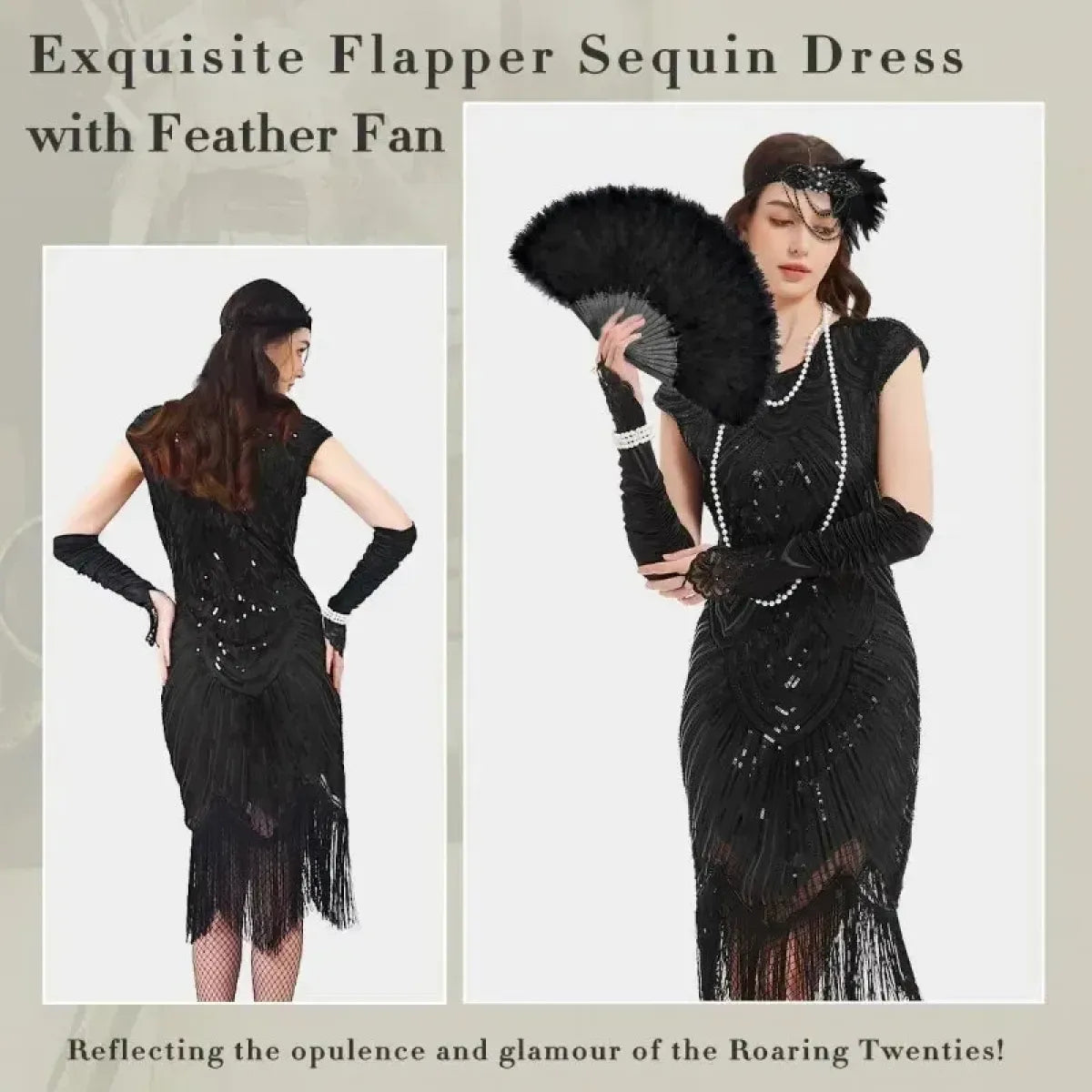 1920s Flapper Sequin Fringe Dress Set - All Dresses - Cosplay - 3