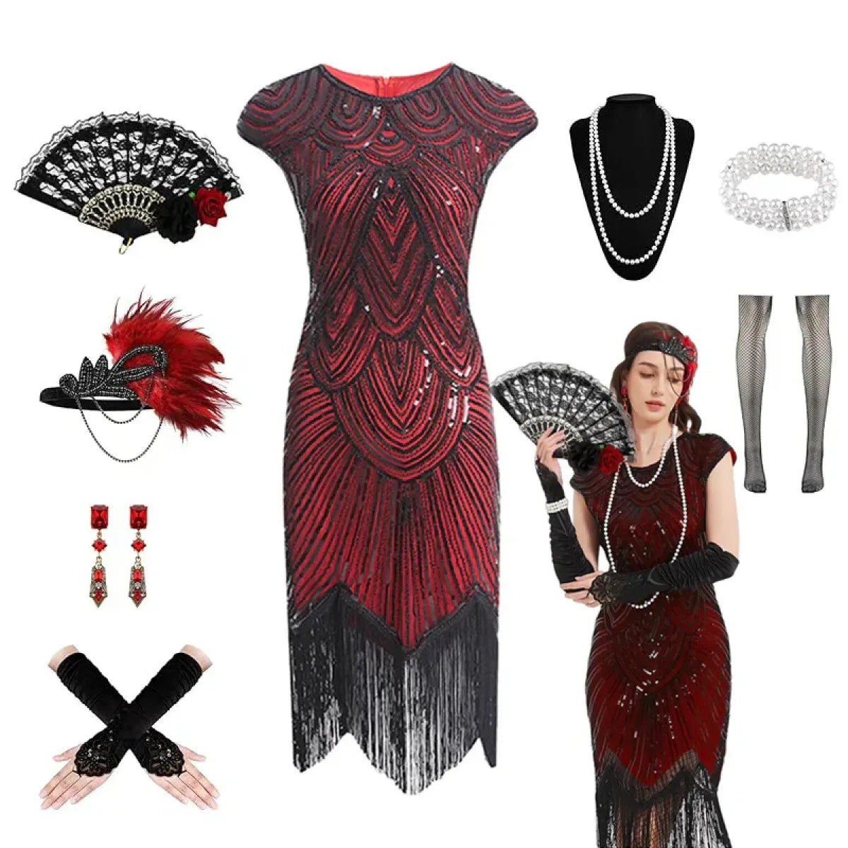 1920s Flapper Sequin Fringe Dress Set - All Dresses - Cosplay - 5