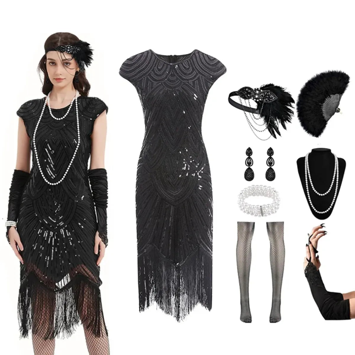1920s Flapper Sequin Fringe Dress Set - All Dresses - Cosplay - 9