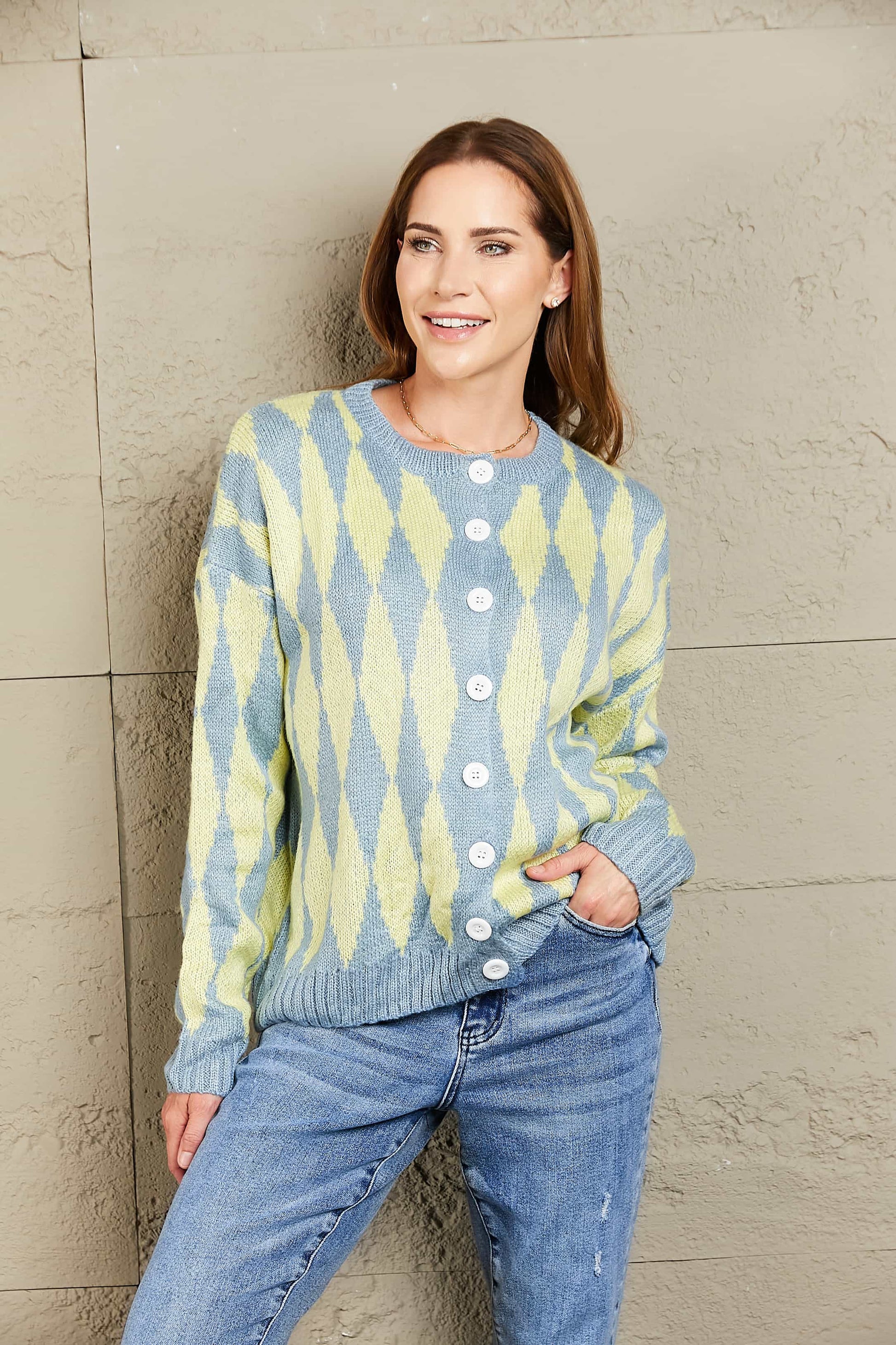 Argyle Button Front Drop Shoulder Cardigan - Women’s Clothing & Accessories - Shirts & Tops - 1 - 2024