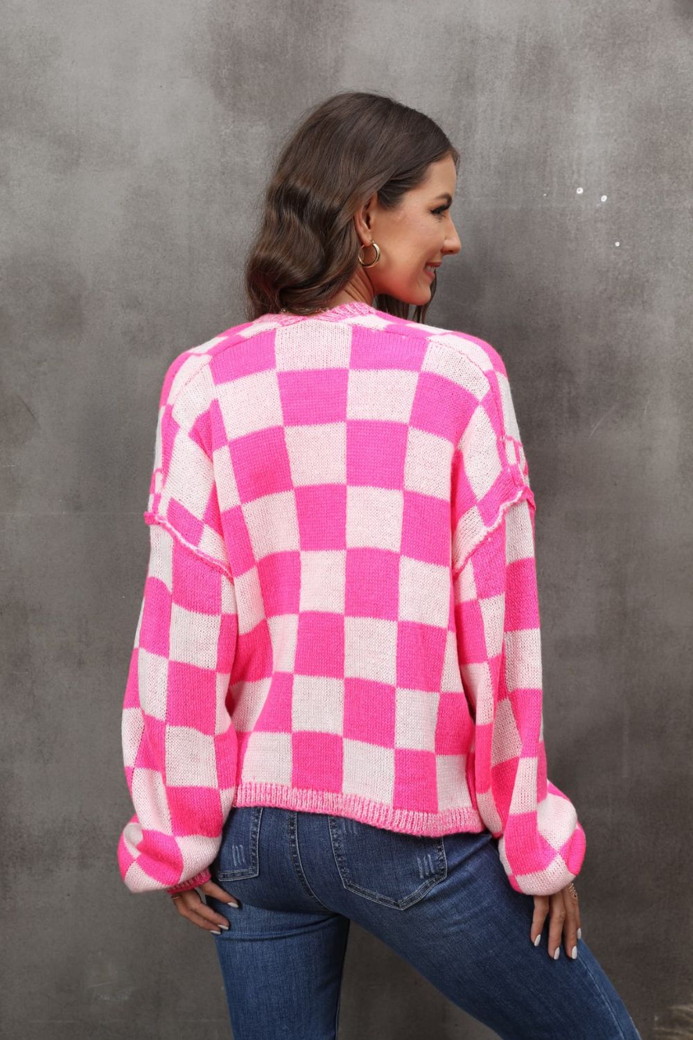 Checkered Open Front Drop Shoulder Cardigan - Women’s Clothing & Accessories - Shirts & Tops - 2 - 2024