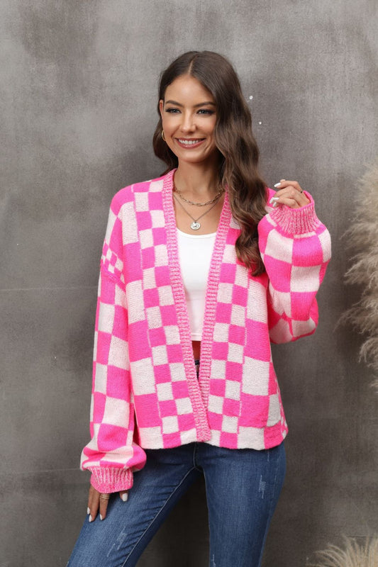 Checkered Open Front Drop Shoulder Cardigan - Pink / S - Women’s Clothing & Accessories - Shirts & Tops - 1 - 2024