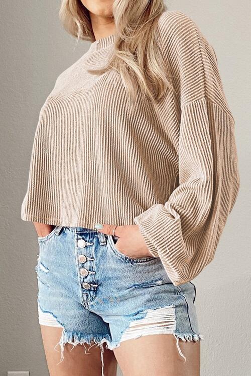 Round Neck Drop Shoulder Long Sleeve Top - Beige / S - Women’s Clothing & Accessories - Shirts & Tops - 9 - 2024