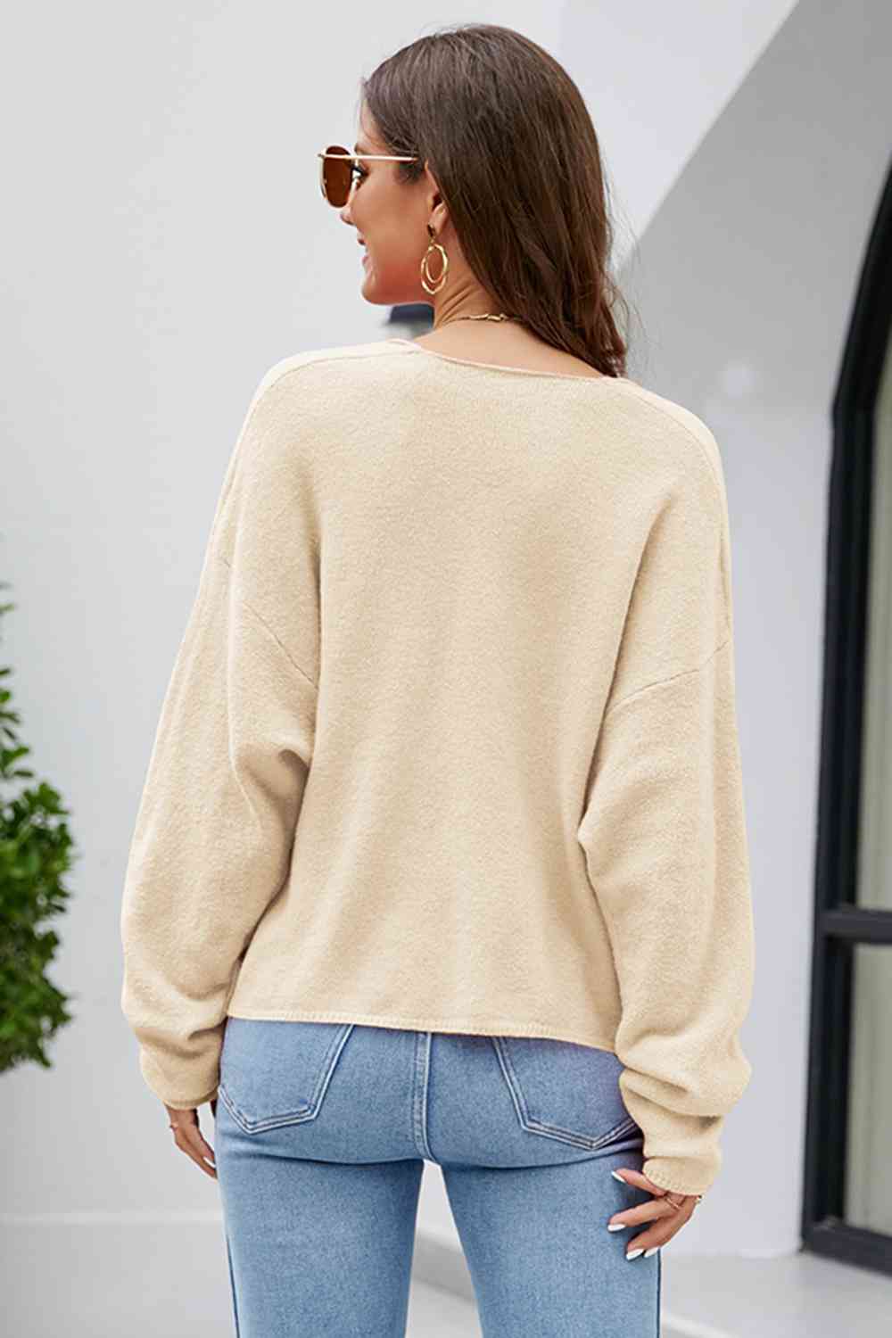 V-Neck Drop Shoulder Long Sleeve Knit Top - Hoodies & Sweatshirts - Shirts & Tops - 10 - 2024