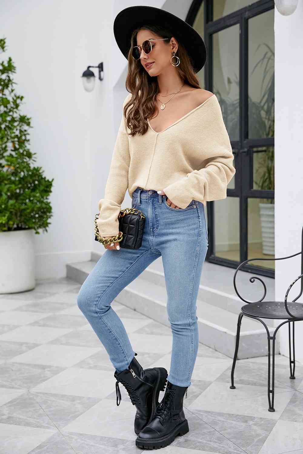 V-Neck Drop Shoulder Long Sleeve Knit Top - Hoodies & Sweatshirts - Shirts & Tops - 11 - 2024