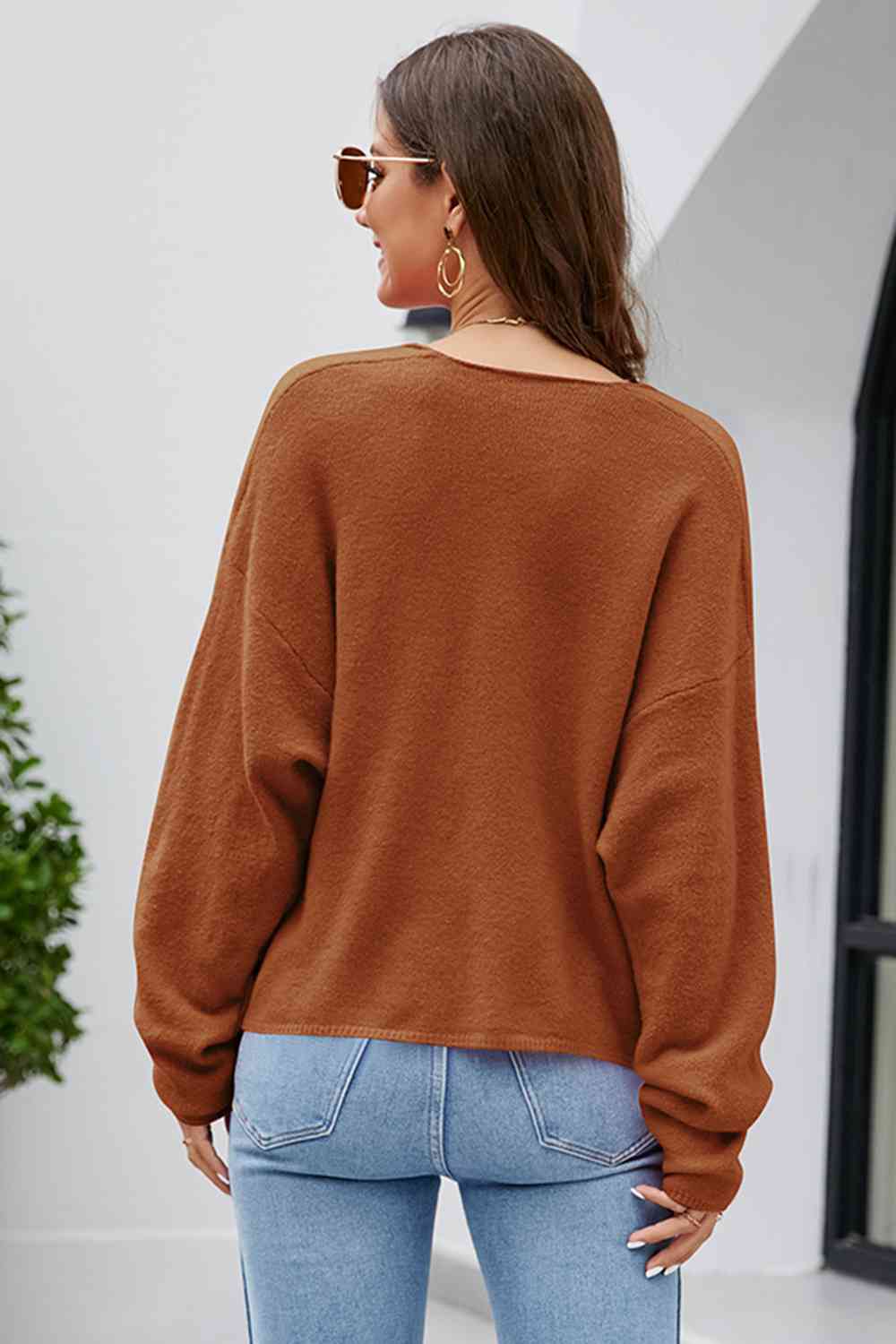 V-Neck Drop Shoulder Long Sleeve Knit Top - Hoodies & Sweatshirts - Shirts & Tops - 13 - 2024