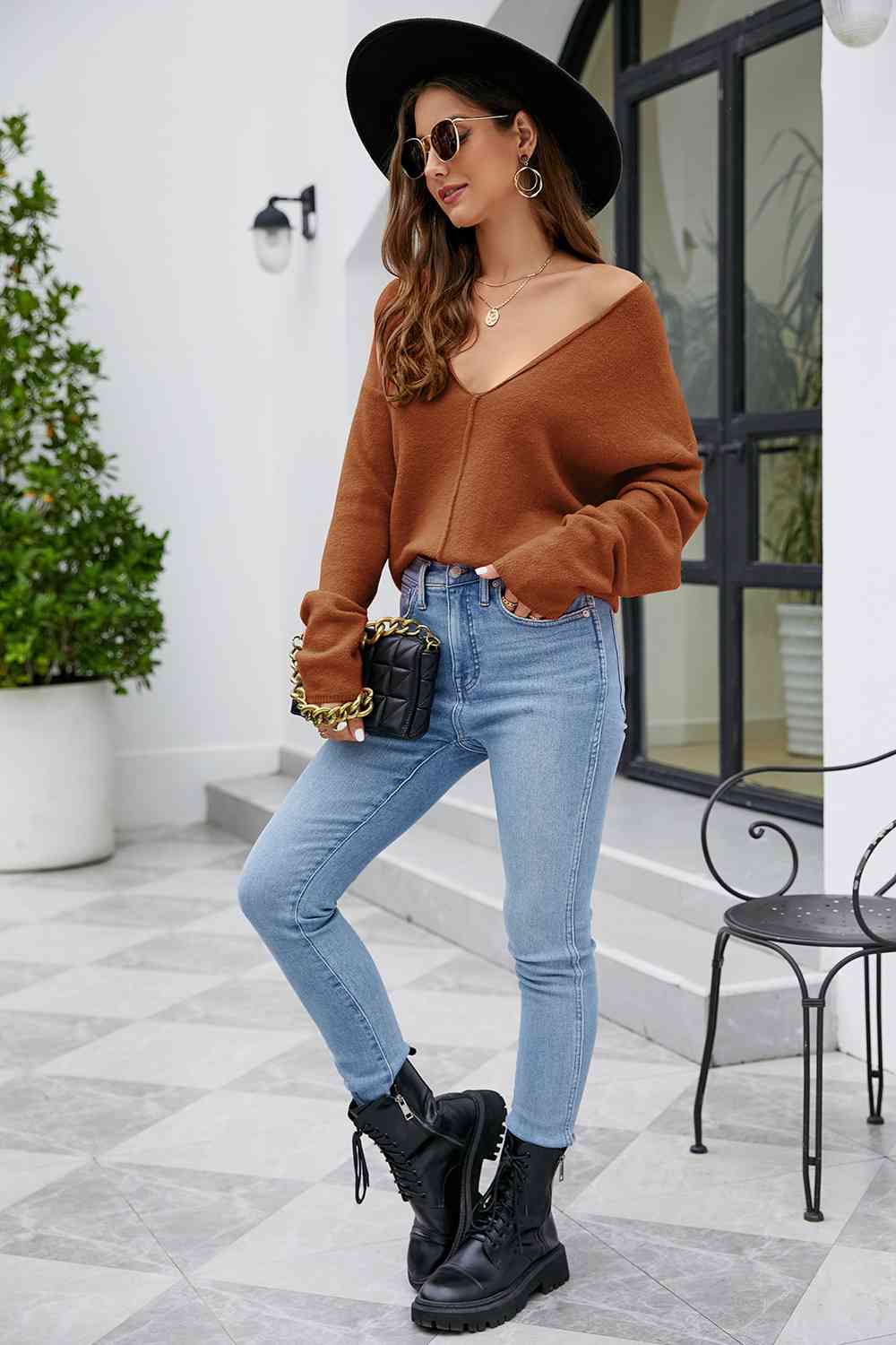 V-Neck Drop Shoulder Long Sleeve Knit Top - Hoodies & Sweatshirts - Shirts & Tops - 14 - 2024