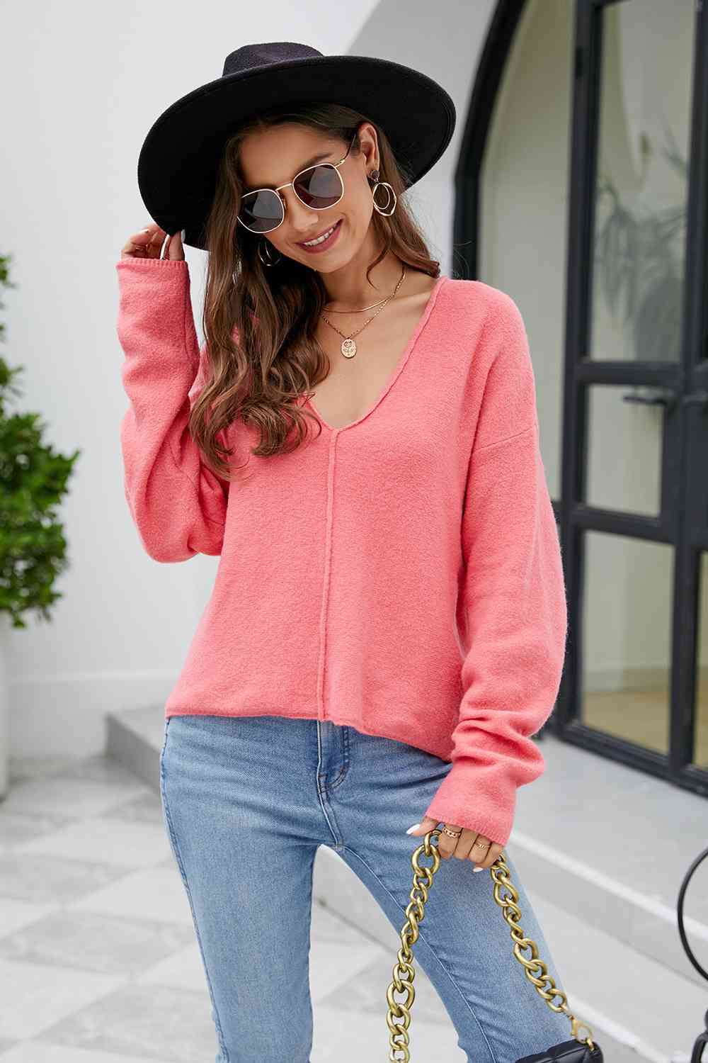 V-Neck Drop Shoulder Long Sleeve Knit Top - Hoodies & Sweatshirts - Shirts & Tops - 5 - 2024