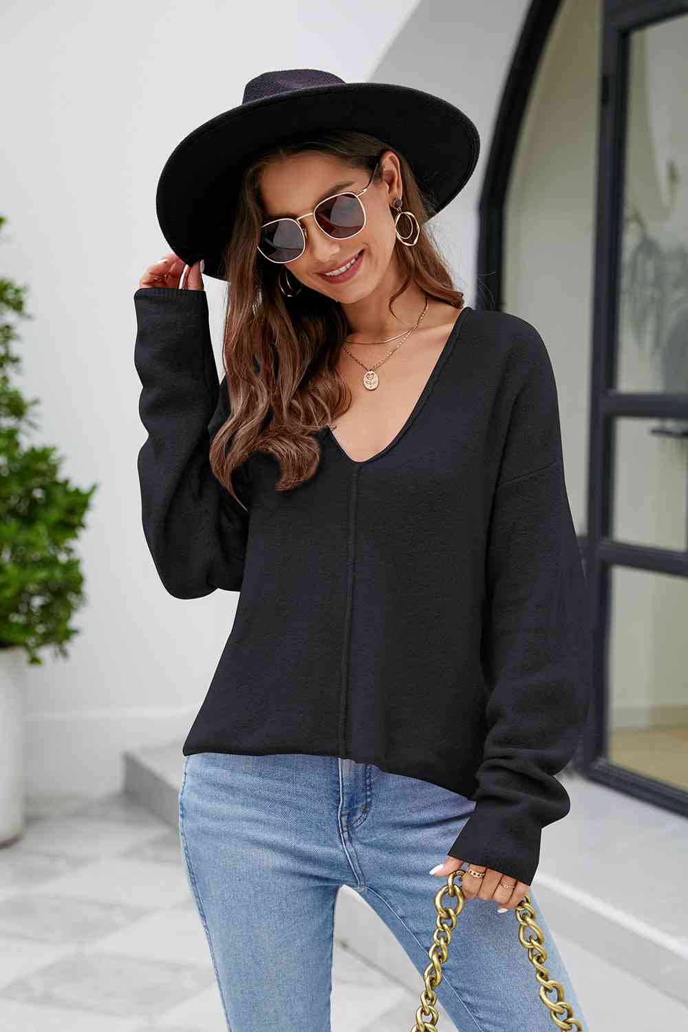 V-Neck Drop Shoulder Long Sleeve Knit Top - Hoodies & Sweatshirts - Shirts & Tops - 7 - 2024