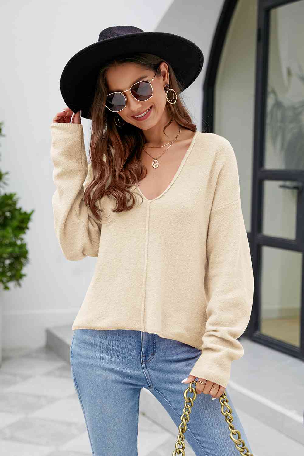 V-Neck Drop Shoulder Long Sleeve Knit Top - Pastel Yellow / S - Hoodies & Sweatshirts - Shirts & Tops - 9 - 2024