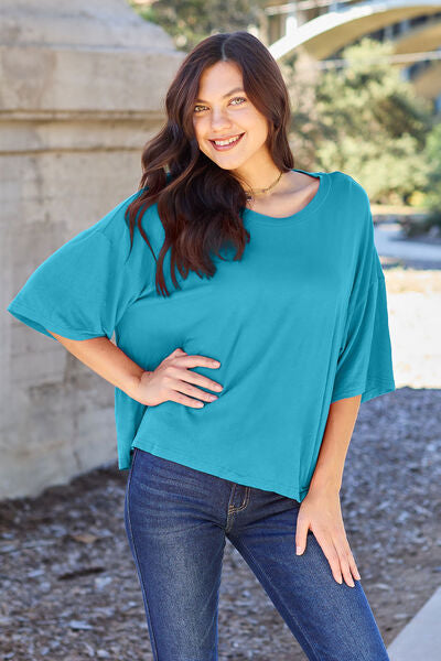 Round Neck Drop Shoulder T-Shirt - Sky Blue / S - T-Shirts - Shirts & Tops - 11 - 2024