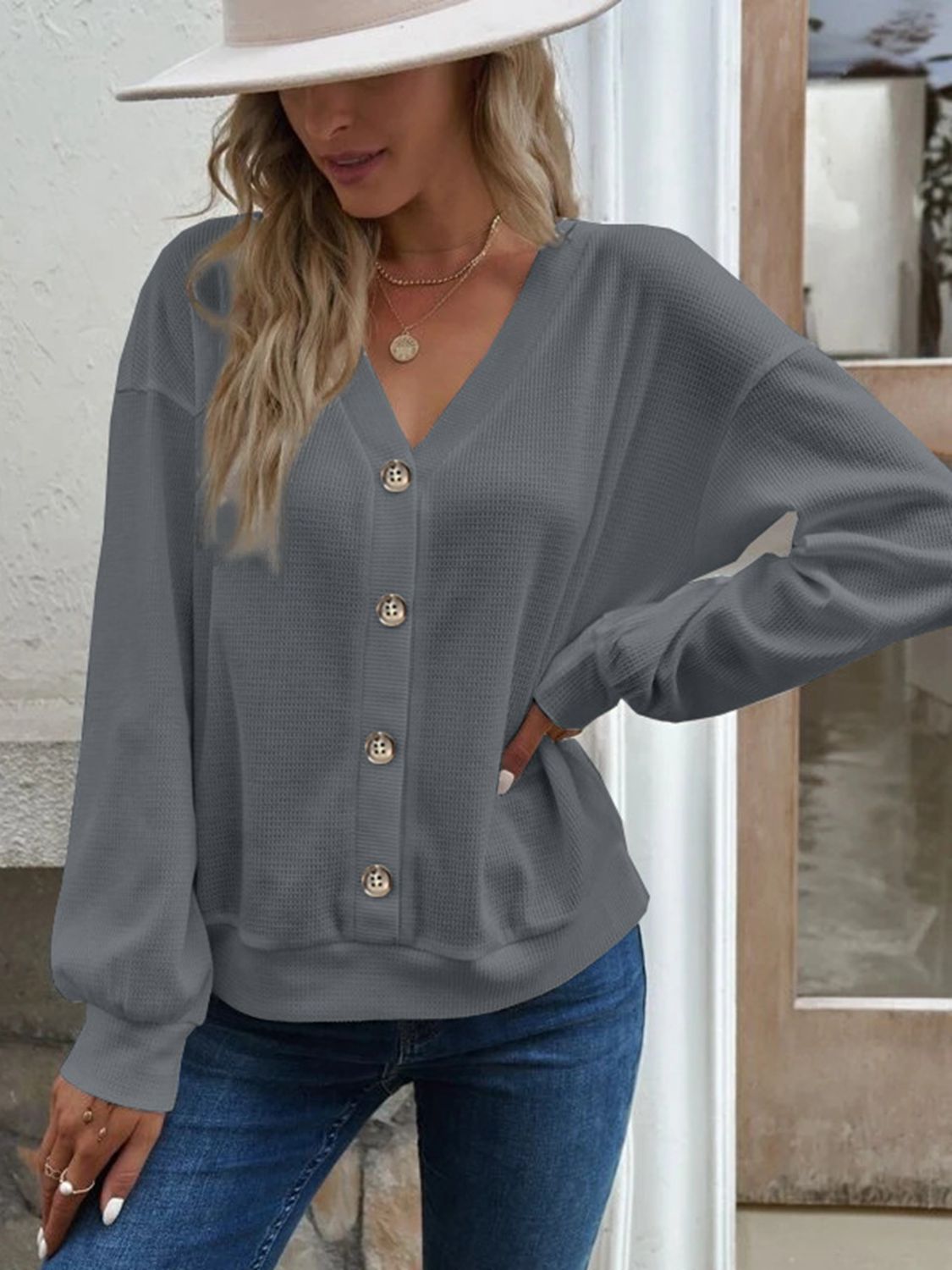 V-Neck Dropped Shoulder Blouse - Gray / S - Women’s Clothing & Accessories - Shirts & Tops - 11 - 2024