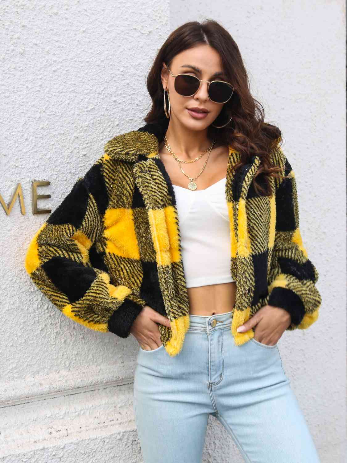 Plaid Dropped Shoulder Buttoned Jacket - Mustard / S - Jackets & Coats - Coats & Jackets - 1 - 2024