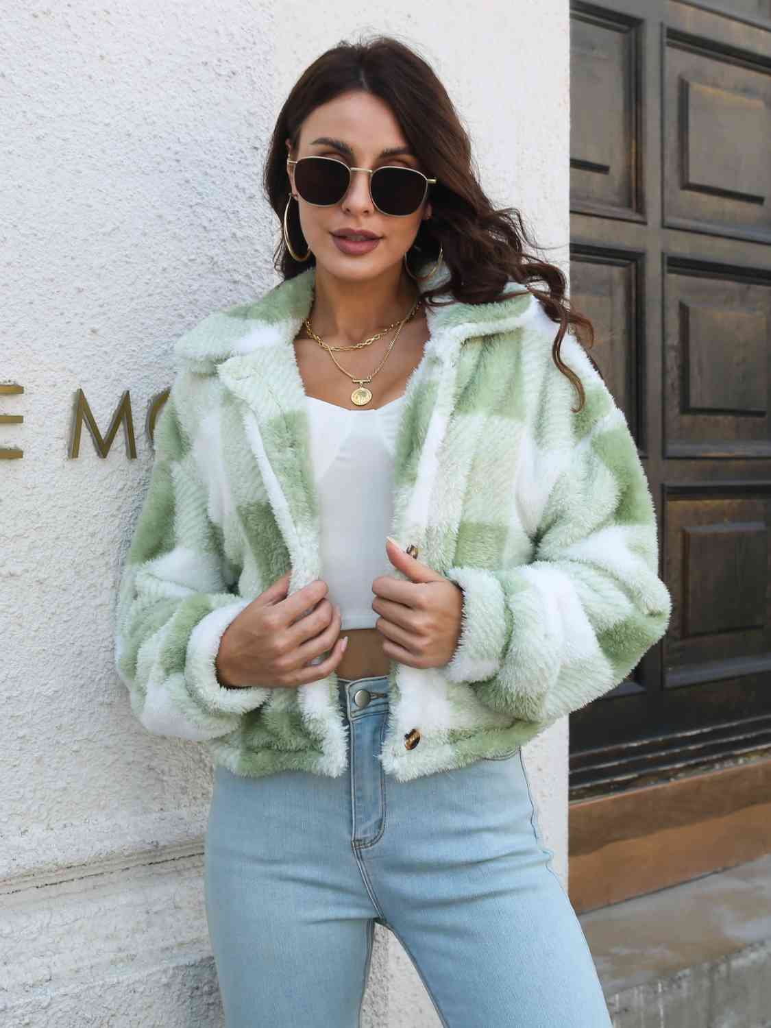 Plaid Dropped Shoulder Buttoned Jacket - Light Green / S - Jackets & Coats - Coats & Jackets - 9 - 2024