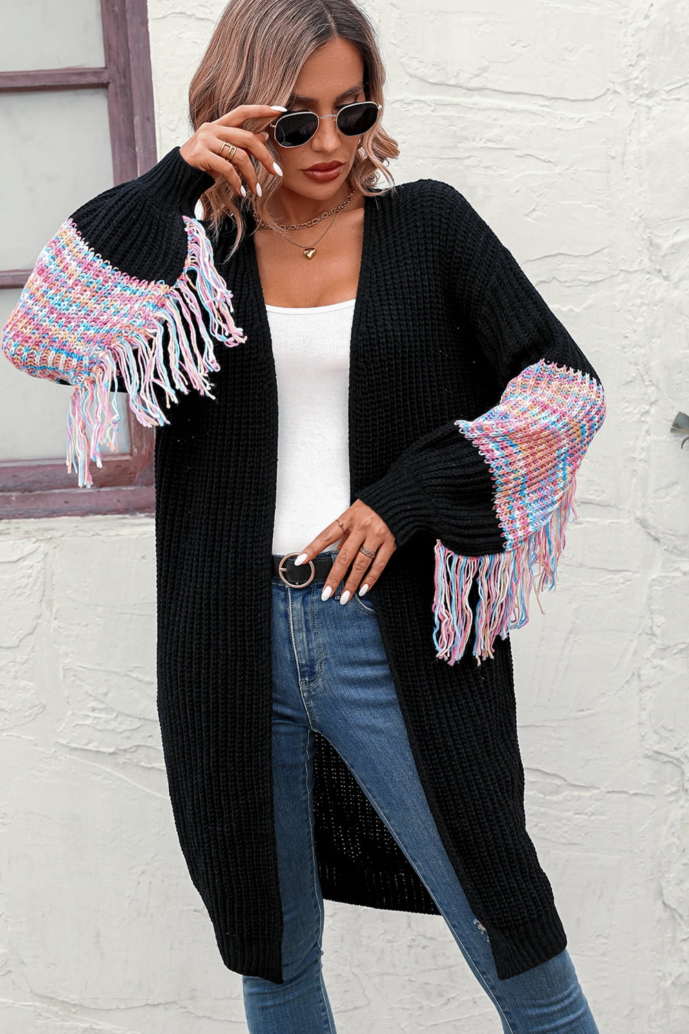 Fringe Sleeve Dropped Shoulder Cardigan - Black / S - Women’s Clothing & Accessories - Shirts & Tops - 9 - 2024