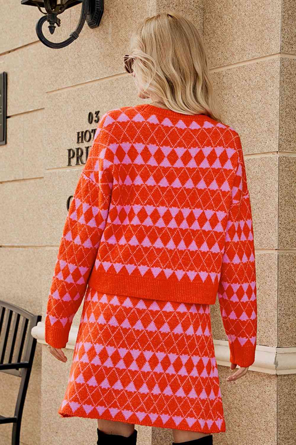 Geometric Dropped Shoulder Cardigan and Knit Skirt Set - Bottoms - Outfit Sets - 2 - 2024