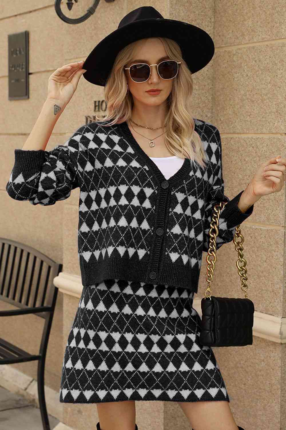 Geometric Dropped Shoulder Cardigan and Knit Skirt Set - Black / S - Bottoms - Outfit Sets - 4 - 2024