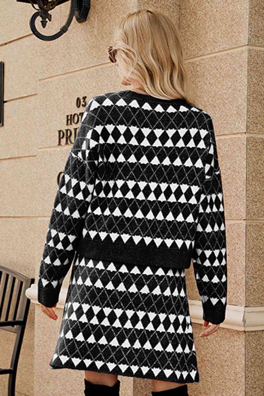 Geometric Dropped Shoulder Cardigan and Knit Skirt Set - Bottoms - Outfit Sets - 6 - 2024