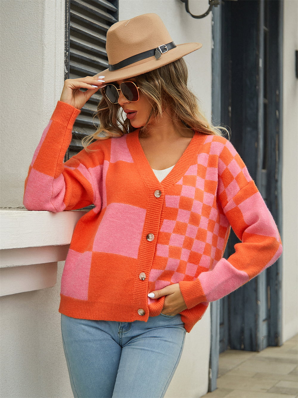 Plaid V-Neck Dropped Shoulder Cardigan - Orange / S - Women’s Clothing & Accessories - Shirts & Tops - 12 - 2024