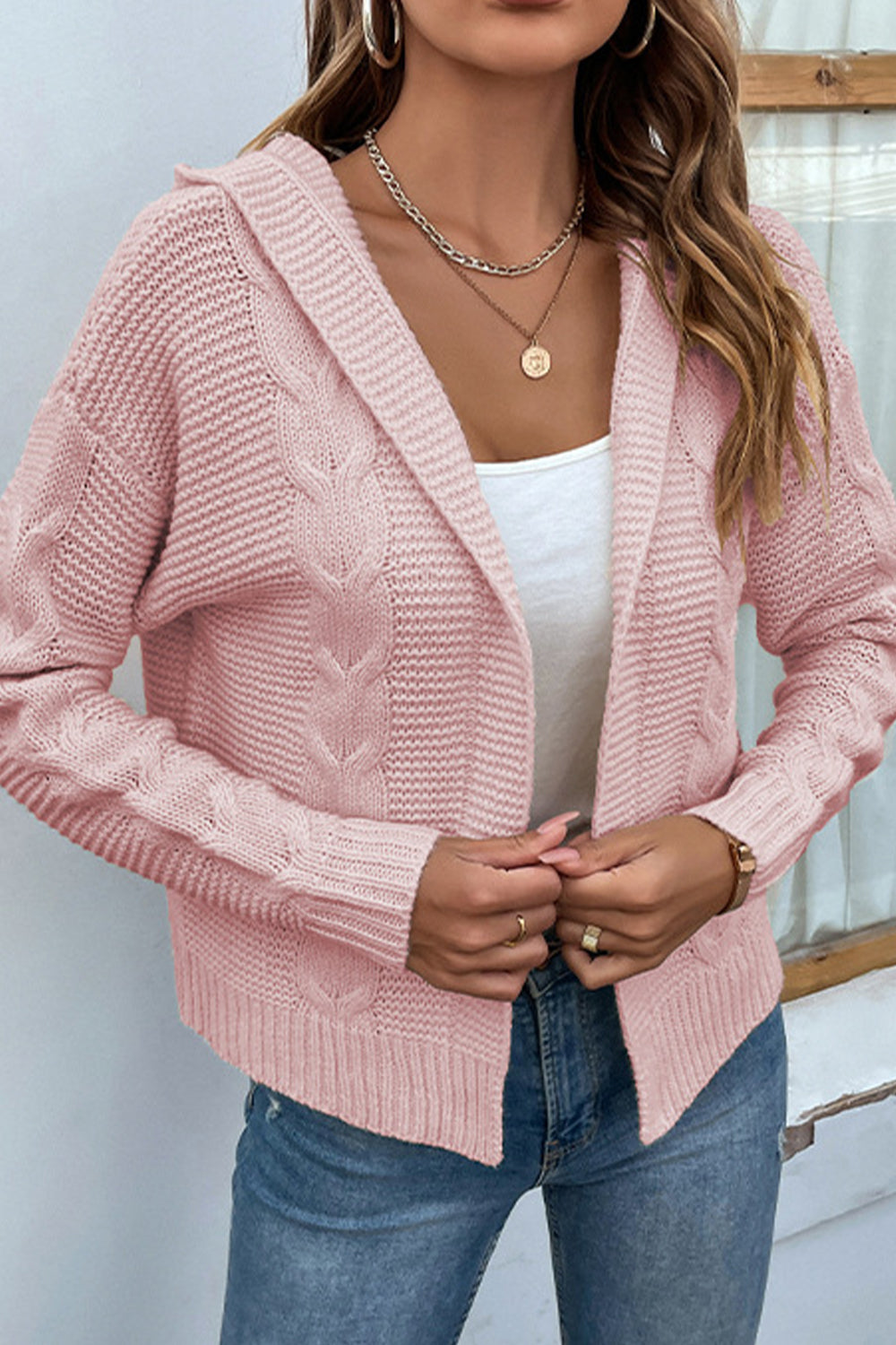 Cable-Knit Dropped Shoulder Hooded Cardigan - Women’s Clothing & Accessories - Shirts & Tops - 11 - 2024