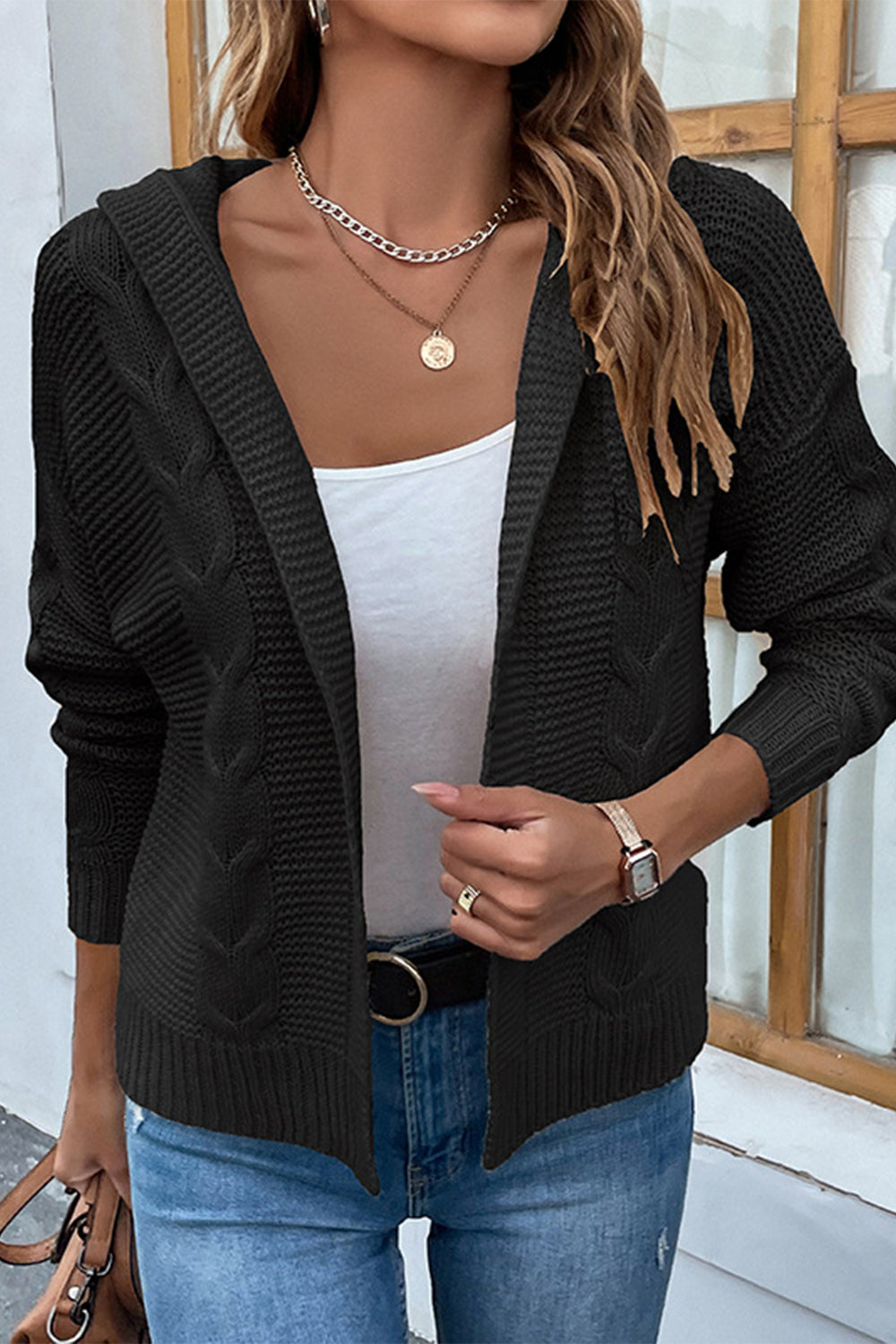 Cable-Knit Dropped Shoulder Hooded Cardigan - Black / S - Women’s Clothing & Accessories - Shirts & Tops - 4 - 2024