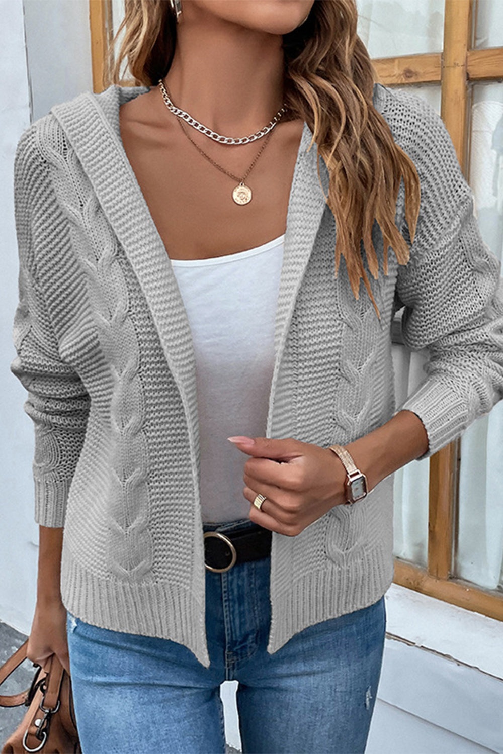 Cable-Knit Dropped Shoulder Hooded Cardigan - Light Gray / S - Women’s Clothing & Accessories - Shirts & Tops - 7 - 2024