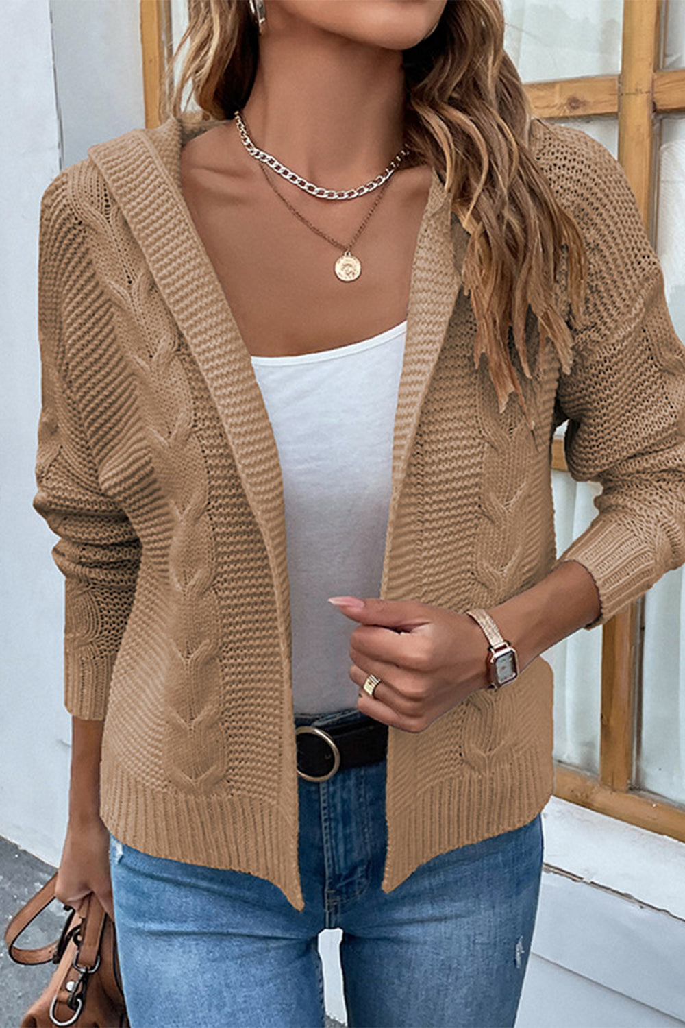 Cable-Knit Dropped Shoulder Hooded Cardigan - Khaki / S - Women’s Clothing & Accessories - Shirts & Tops - 13 - 2024