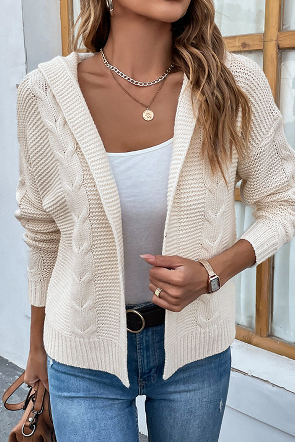 Cable-Knit Dropped Shoulder Hooded Cardigan - Women’s Clothing & Accessories - Shirts & Tops - 3 - 2024