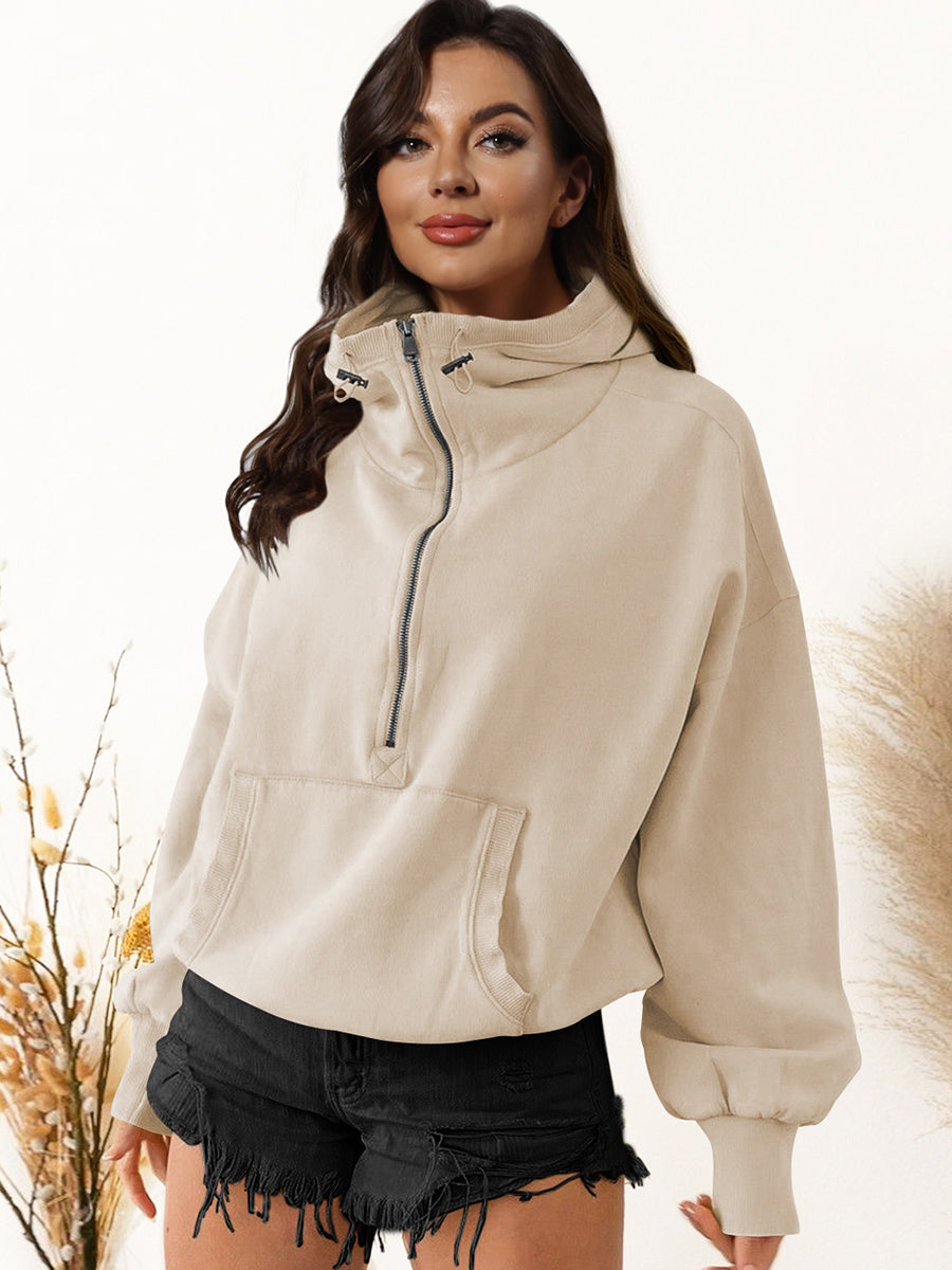 Zip-Up Dropped Shoulder Hoodie - Beige / S - Women’s Clothing & Accessories - Coats & Jackets - 7 - 2024