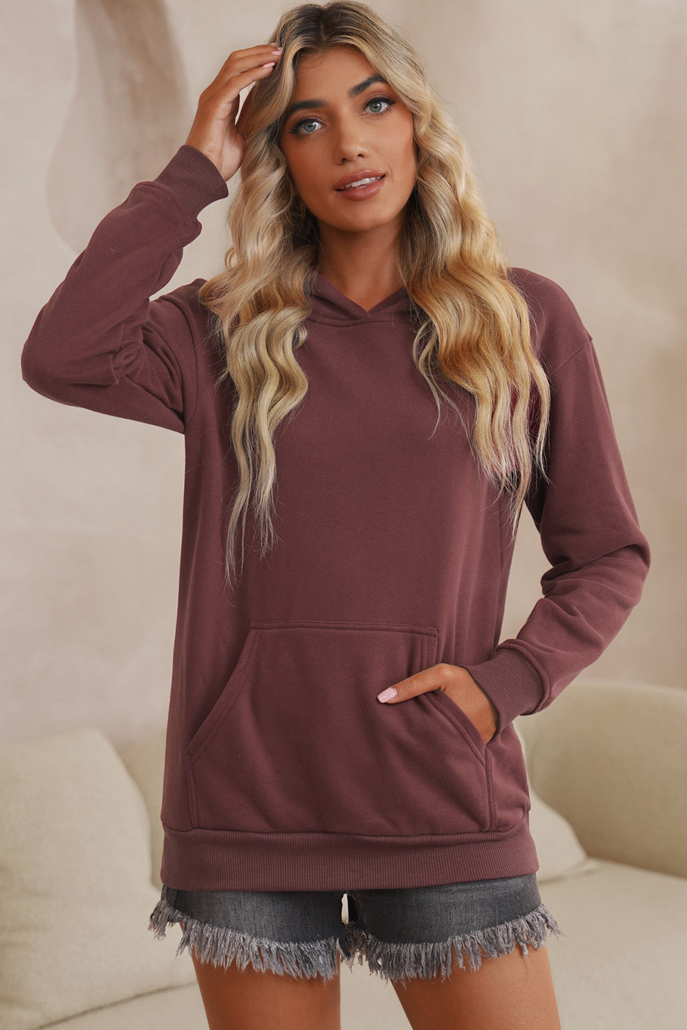 Dropped Shoulder Kangaroo Pocket Hoodie - Women’s Clothing & Accessories - Shirts & Tops - 21 - 2024