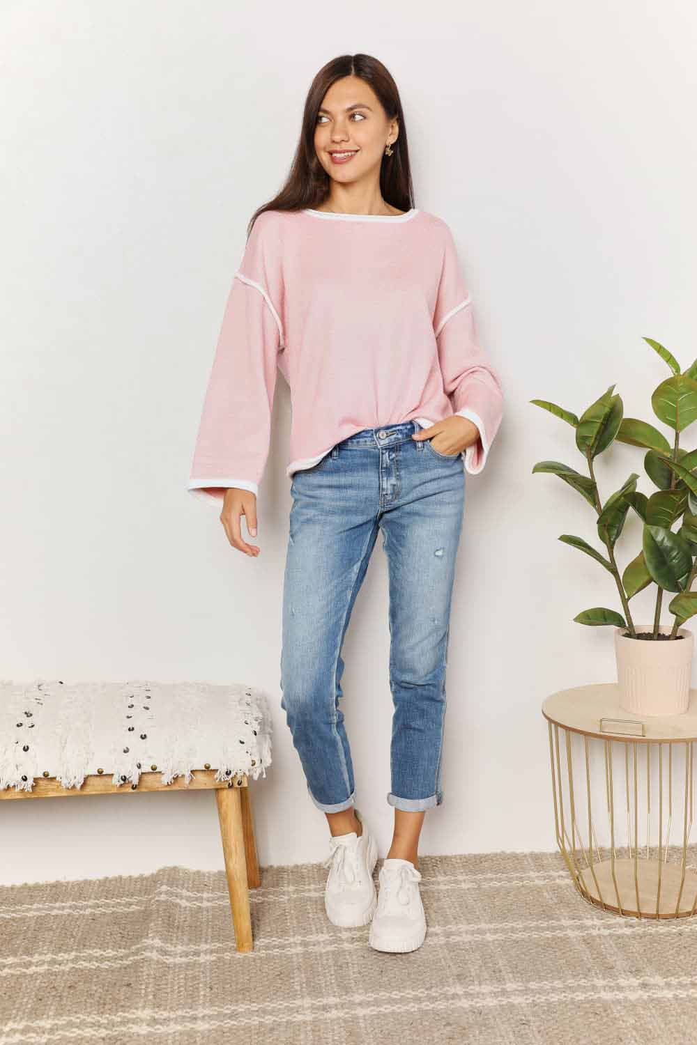 Contrast Detail Dropped Shoulder Knit Top - Tops - Shirts & Tops - 11 - 2024