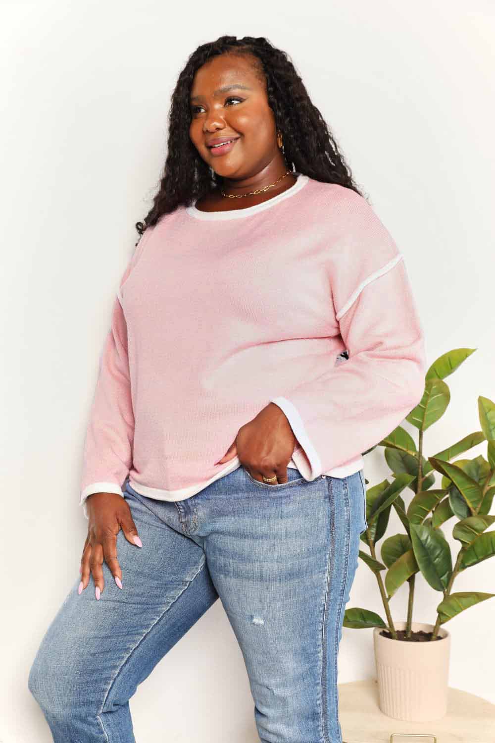 Contrast Detail Dropped Shoulder Knit Top - Pink / S - Tops - Shirts & Tops - 3 - 2024