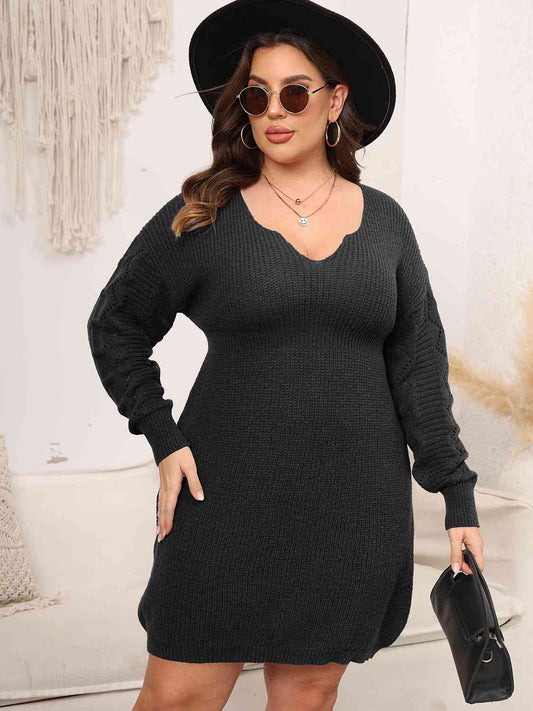 Plus Size Dropped Shoulder Long Sleeve Knit Mini Dress - Black / 1XL - All Dresses - Dresses - 1 - 2024