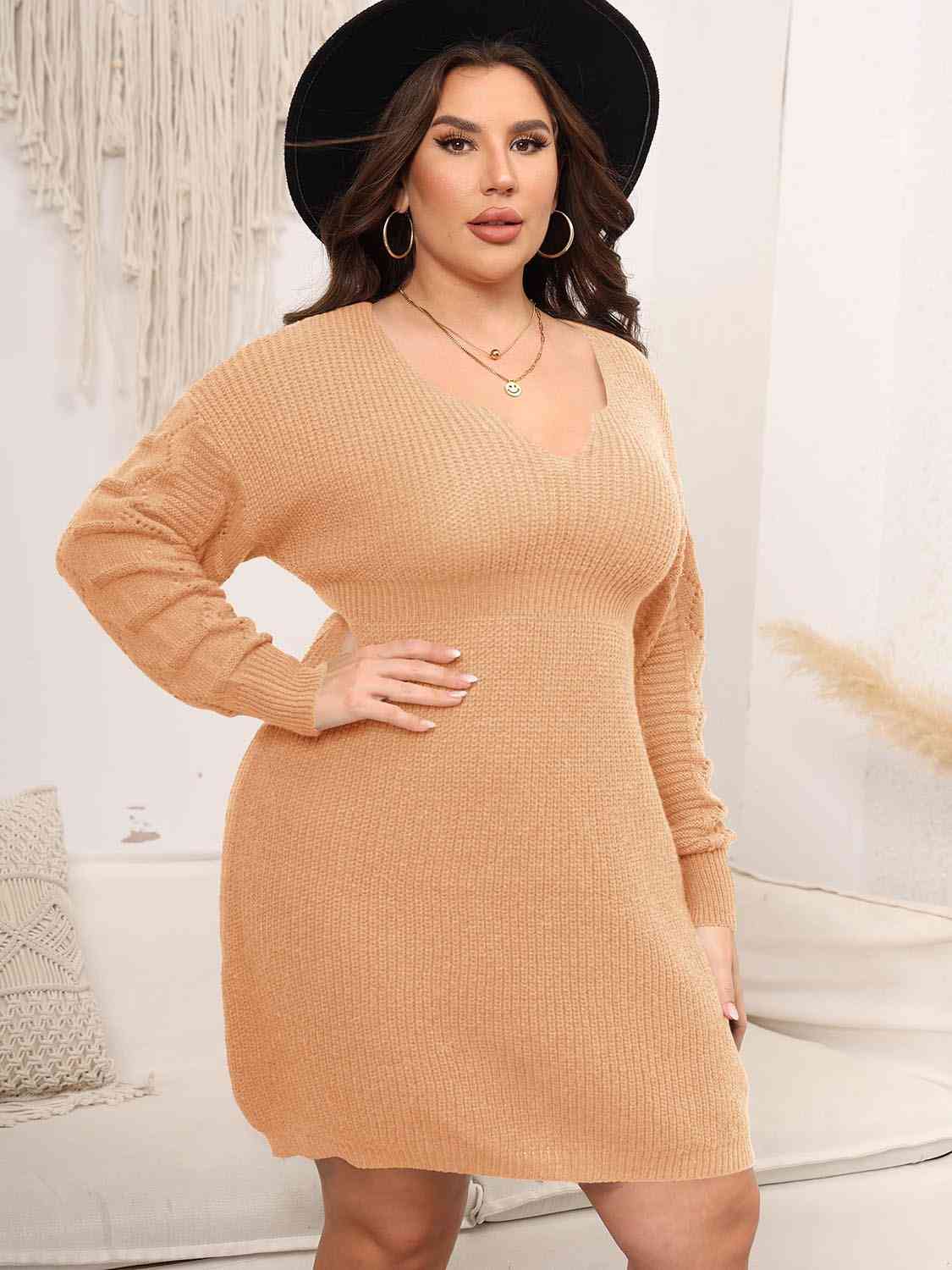 Plus Size Dropped Shoulder Long Sleeve Knit Mini Dress - All Dresses - Dresses - 10 - 2024