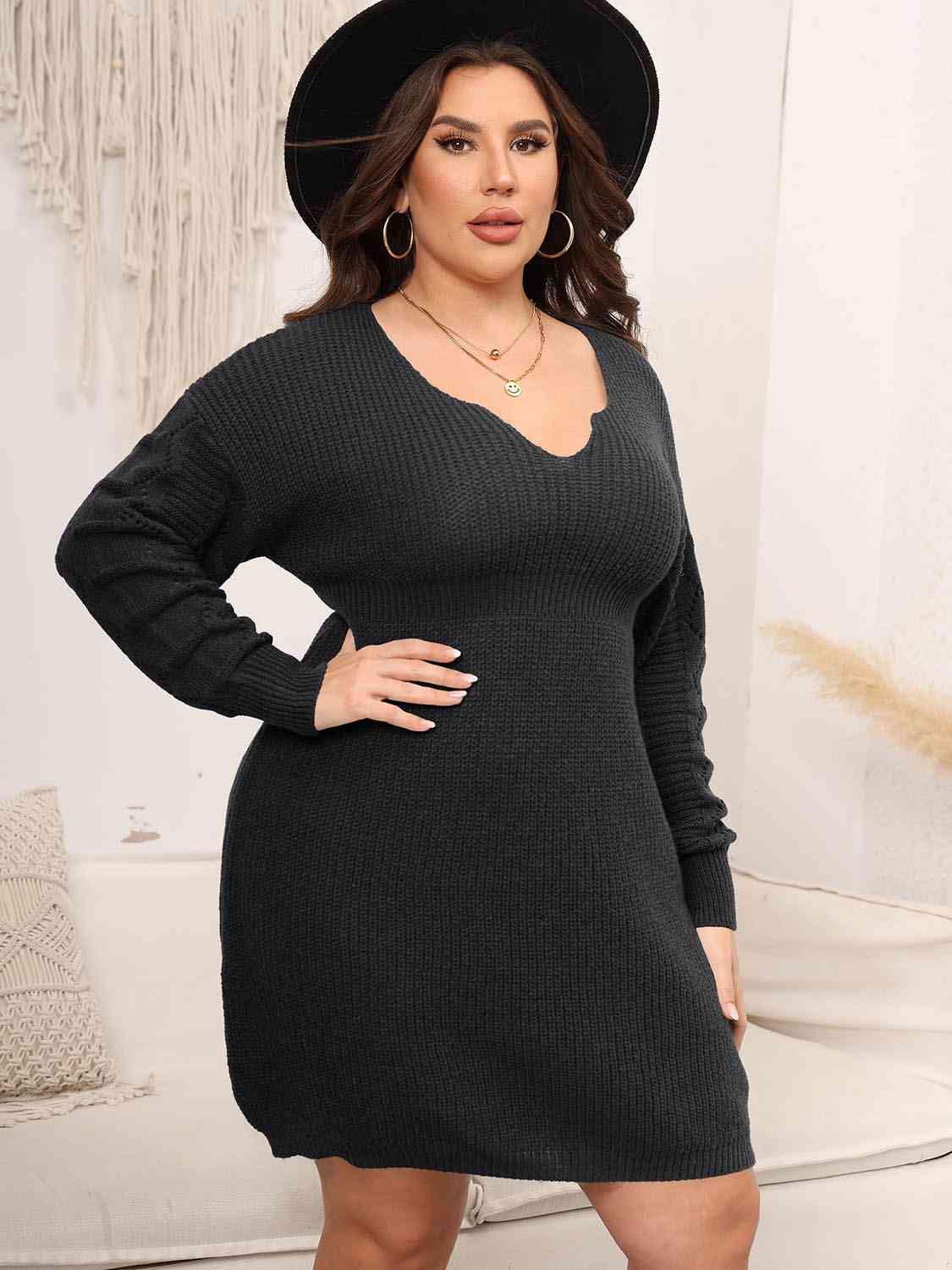 Plus Size Dropped Shoulder Long Sleeve Knit Mini Dress - All Dresses - Dresses - 3 - 2024