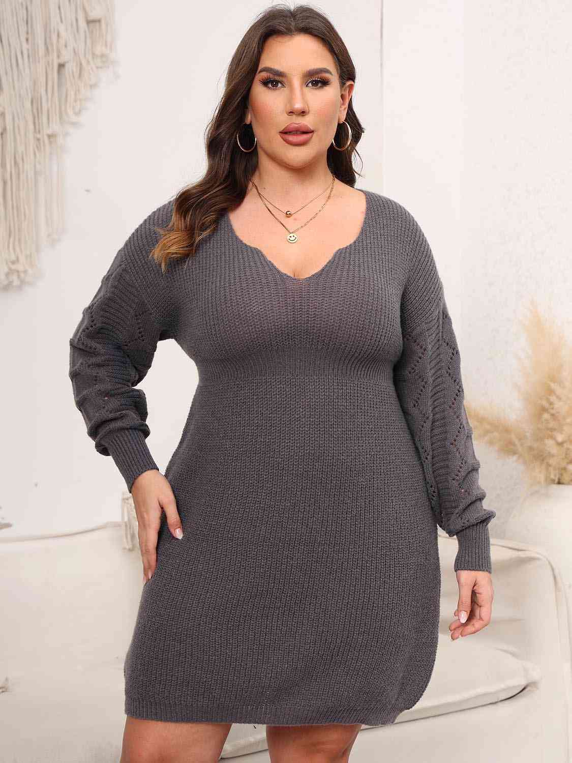 Plus Size Dropped Shoulder Long Sleeve Knit Mini Dress - All Dresses - Dresses - 6 - 2024