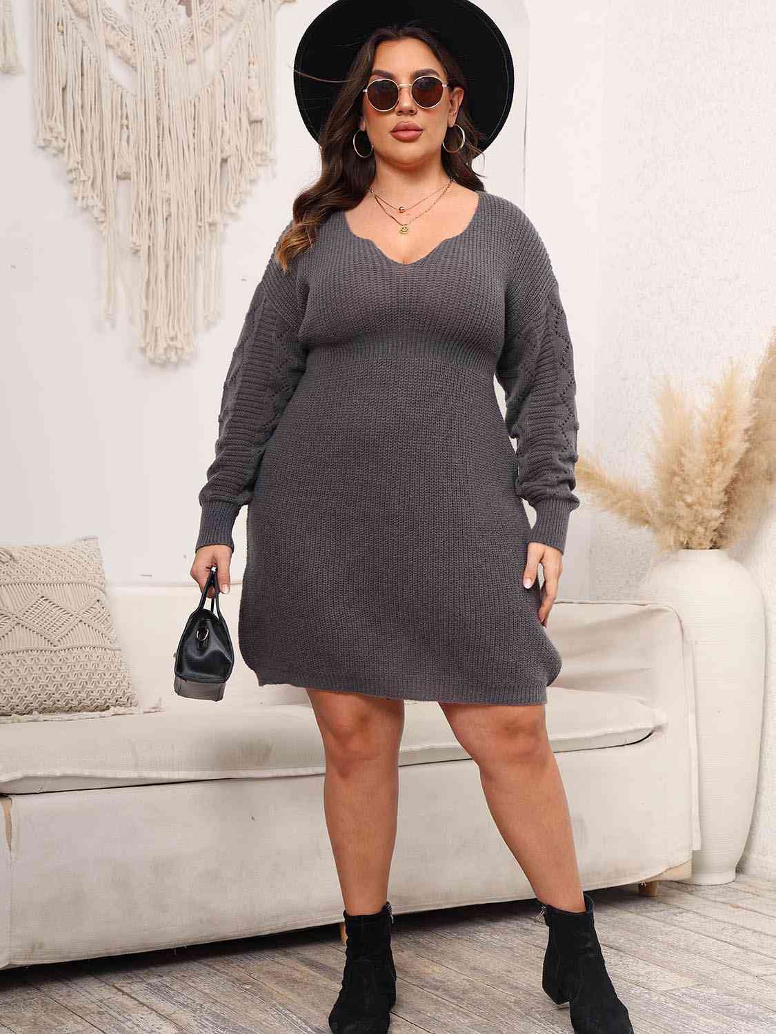 Plus Size Dropped Shoulder Long Sleeve Knit Mini Dress - All Dresses - Dresses - 8 - 2024