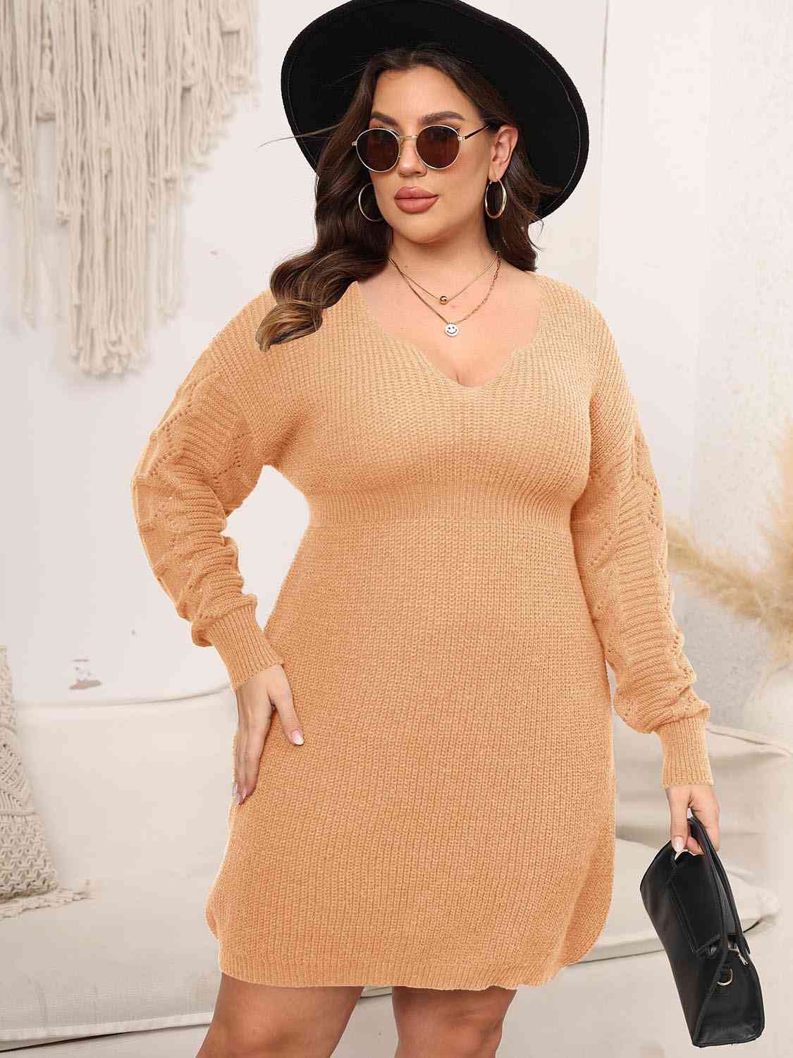 Plus Size Dropped Shoulder Long Sleeve Knit Mini Dress - Sherbet / 1XL - All Dresses - Dresses - 9 - 2024