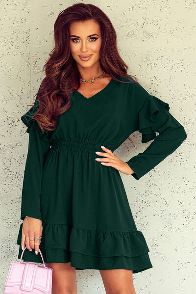 Ruffled V-Neck Dropped Shoulder Mini Dress - Green / S - All Dresses - Dresses - 1 - 2024