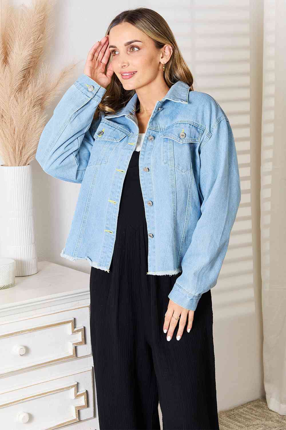 Dropped Shoulder Raw Hem Denim Jacket - Jackets & Coats - Shirts & Tops - 3 - 2024