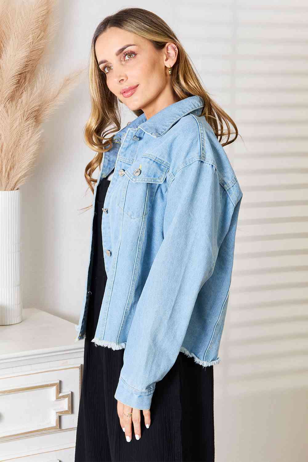 Dropped Shoulder Raw Hem Denim Jacket - Jackets & Coats - Shirts & Tops - 4 - 2024