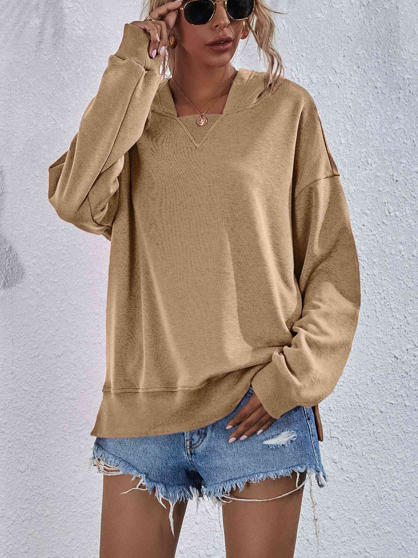 Dropped Shoulder Slit Hoodie - Light Brown / S - Hoodies & Sweatshirts - Shirts & Tops - 19 - 2024