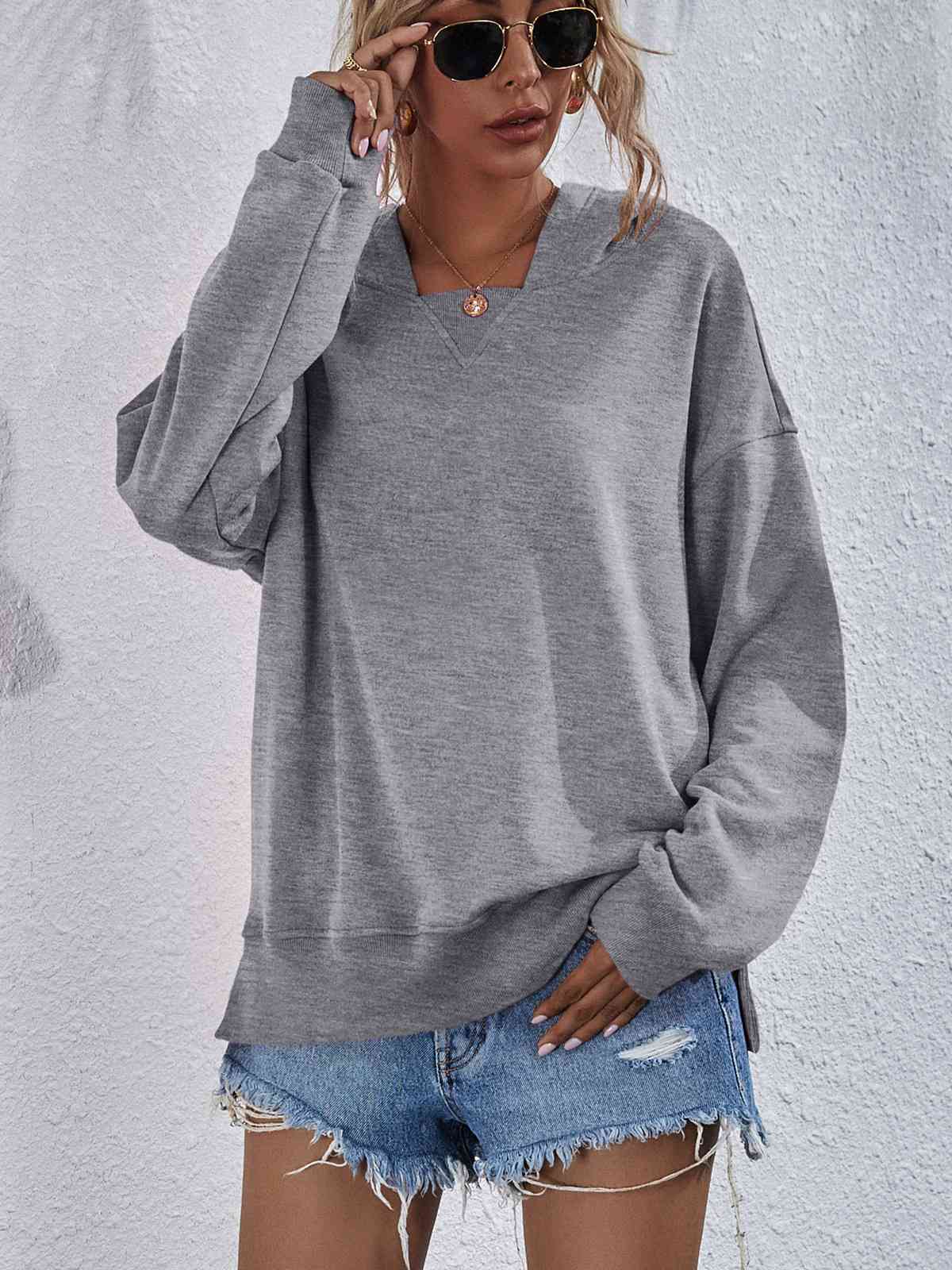 Dropped Shoulder Slit Hoodie - Gray / S - Hoodies & Sweatshirts - Shirts & Tops - 4 - 2024