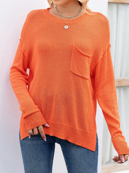 Round Neck Dropped Shoulder Slit T-Shirt - Orange / S - T-Shirts - Shirts & Tops - 1 - 2024