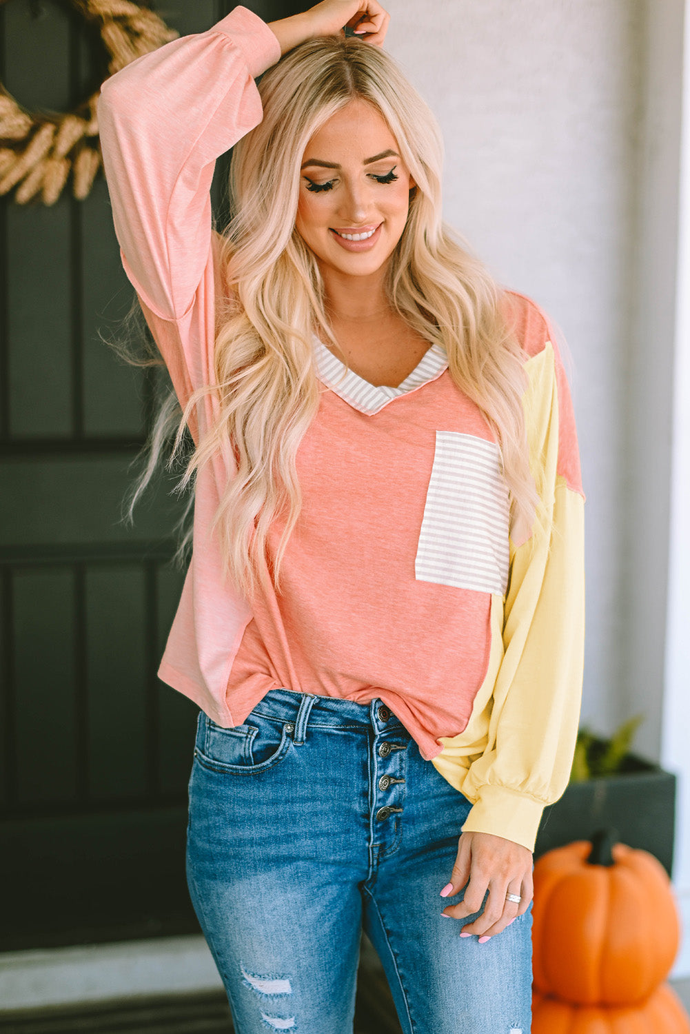 Color Block V-Neck Dropped Shoulder Sweatshirt with Pocket - Pink / S - T-Shirts - Shirts & Tops - 1 - 2024