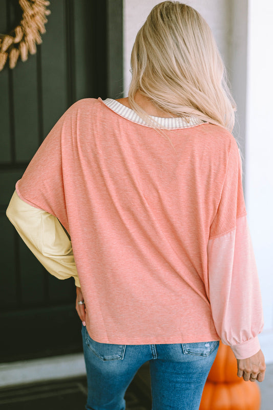 Color Block V-Neck Dropped Shoulder Sweatshirt with Pocket - T-Shirts - Shirts & Tops - 2 - 2024