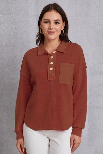 Quarter Button Dropped Shoulder Sweatshirt - Burnt Umber / S - T-Shirts - Shirts & Tops - 11 - 2024