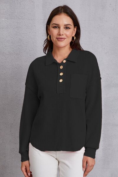 Quarter Button Dropped Shoulder Sweatshirt - Black / S - T-Shirts - Shirts & Tops - 14 - 2024